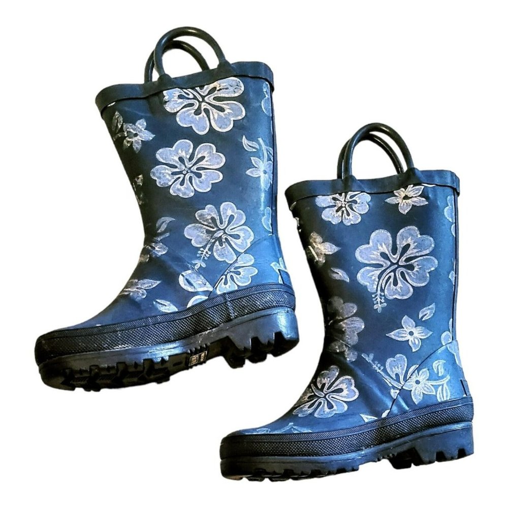 Girls Size 10 Pull On Rain Boots Rubber Blue Floral Lands End School Play - Picture 1 of 3